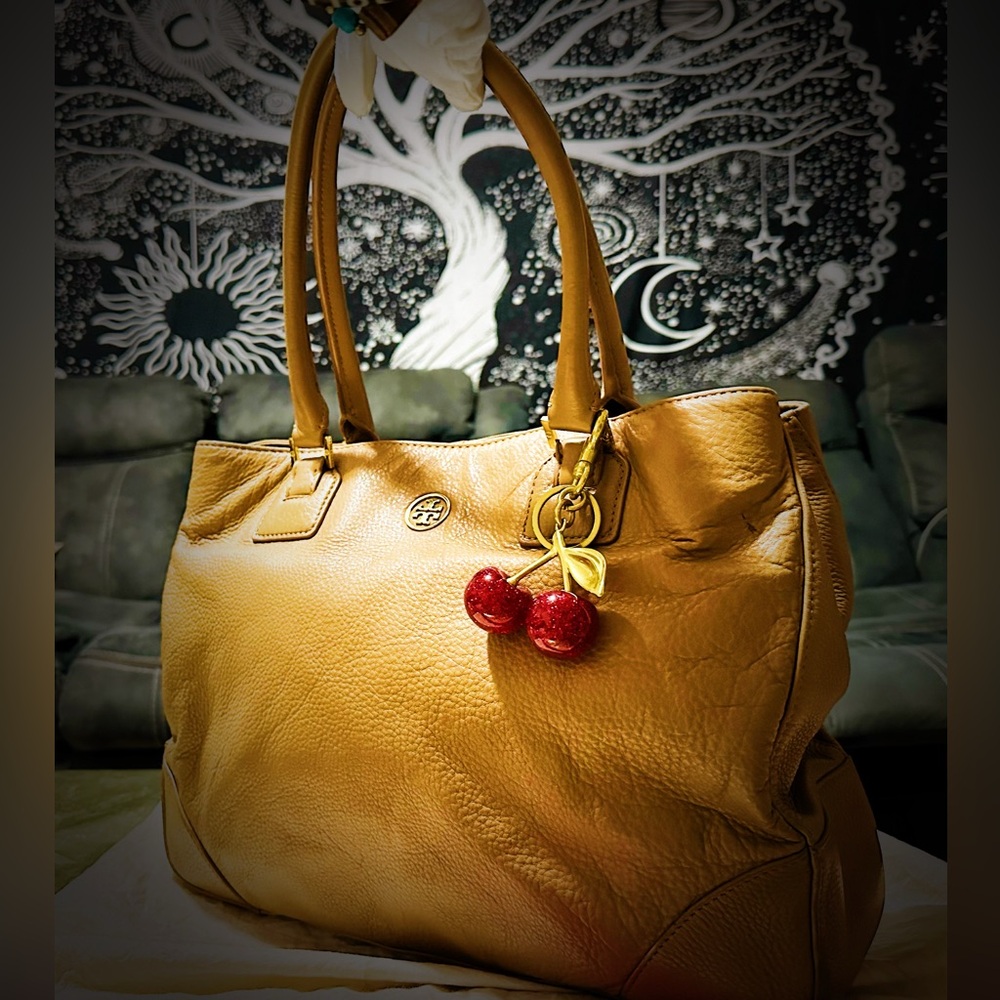 Tory Burch Tan Leather Tote with Cherry Charm - Picture 6 of 17